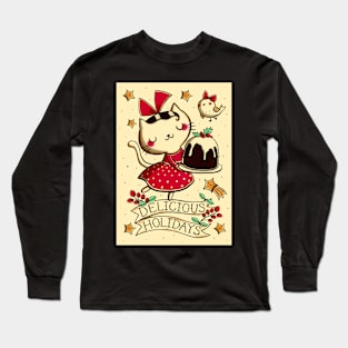 Cat with Christmas Pudding Long Sleeve T-Shirt